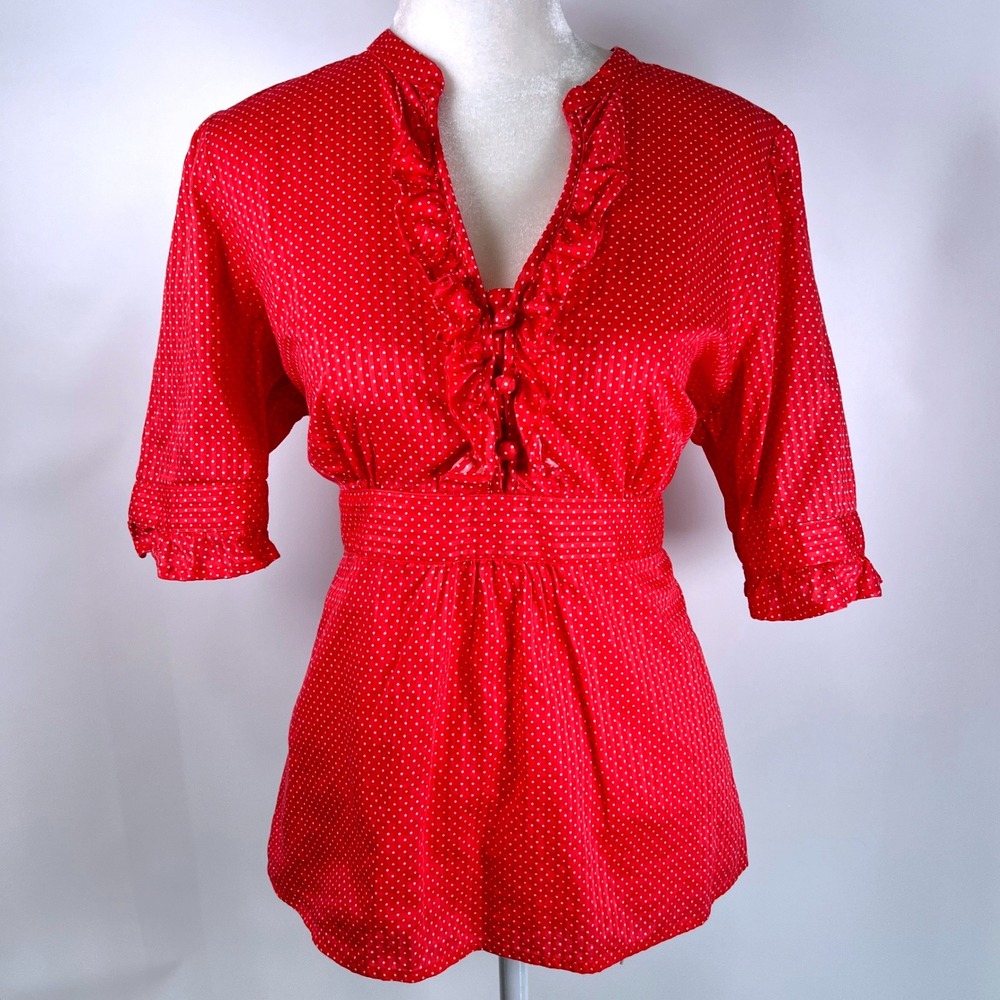 Ann Taylor LOFT Petites Coral Polka Dot Ruffle V-Neck Peplum‎ Blouse 14P Cotton
